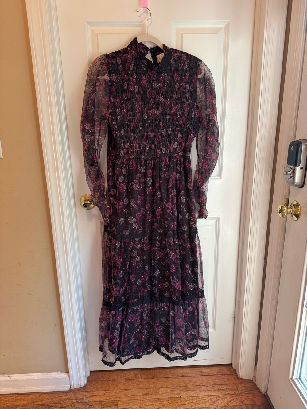 Sheer Black Floral Long-Sleeve Midi Dress with Smocked Bodice